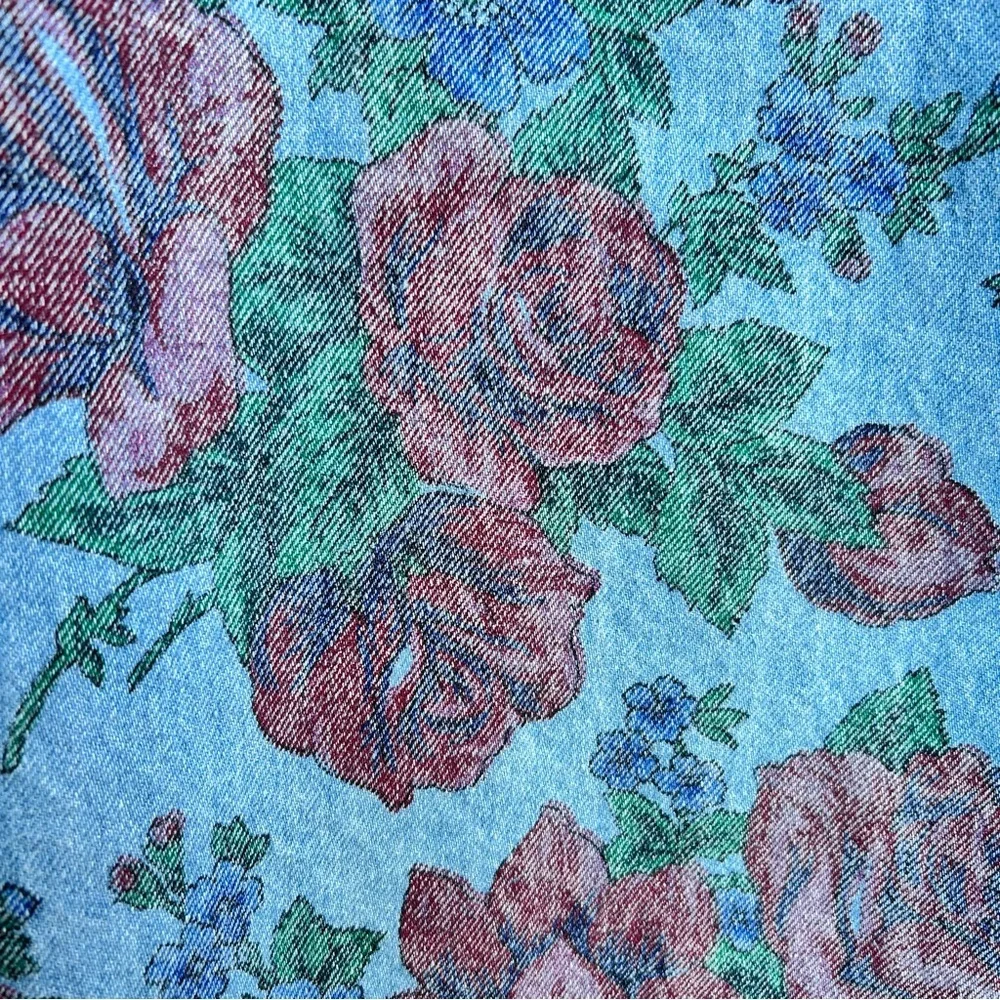 Vintage Floral Denim Skirt Side Buttons Midi Maxi 80s 90s Y2K Grunge Size XXS